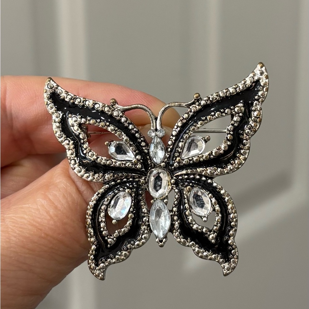 2/$15 Vintage Elegant Black and Silver Crystal Butterfly Brooch